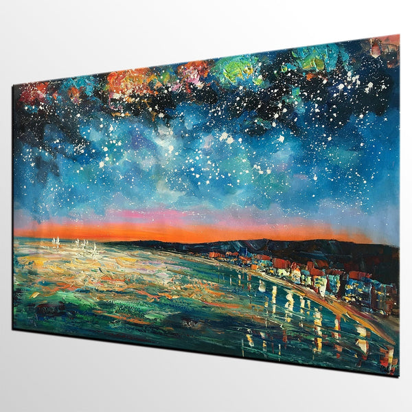 Landscape Painting, Starry Night Oil Painting, Original Wall Art, Custom Large Canvas Art