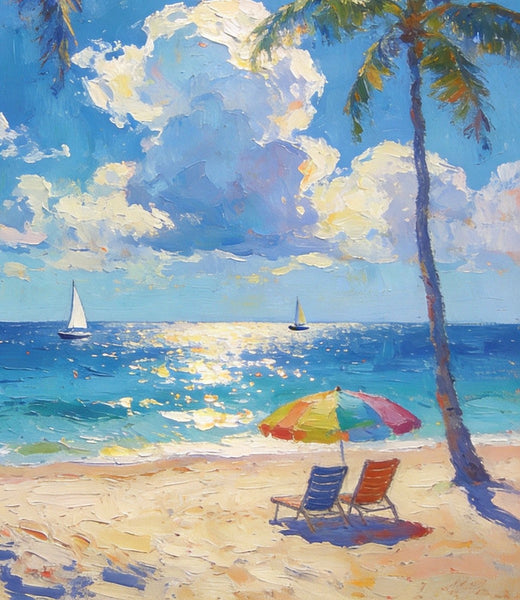 Coastal Serenity Scene, Palm Trees Seashore Paintings, Hand Painted Canvas Wall Art, Original Artwork, Small Oil Paintings, Heavy Texture Artwork, Small Canvas Paintings-artworkcanvas