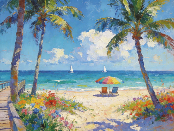 Landscape Paintings for Dining Room, Seaside Bliss with Palms, Small Paintings On Canvas, Hand Painted Canvas Art, Hand Painted Canvas Art, Original Oil Paintings-artworkcanvas