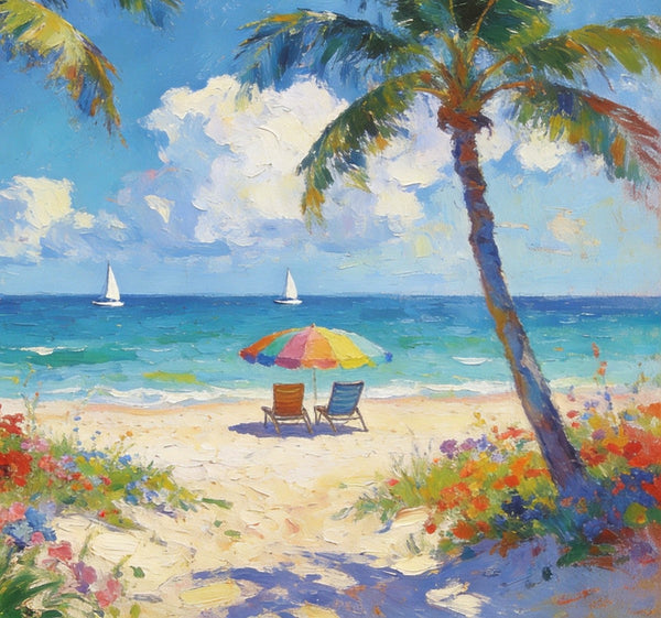 Landscape Paintings for Dining Room, Seaside Bliss with Palms, Small Paintings On Canvas, Hand Painted Canvas Art, Hand Painted Canvas Art, Original Oil Paintings-artworkcanvas