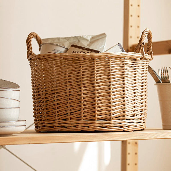 Small Picnic Fruit Basket with Handle, Kitchen Storage Baskets, Natural Hand-woven Wicker Round Storage Basket, Small Willow Weaving Baskets for Vegetable, Natural Fruit Storage Basket-artworkcanvas
