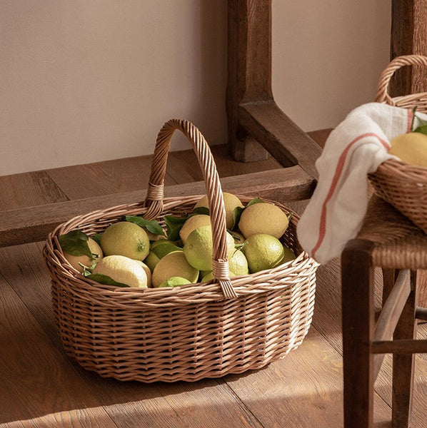 Lovely Willow Weaving Baskets for Vegetable, Large Picnic Food Basket with Handle, Natural Hand-woven Wicker Storage Basket, Natural Fruit Basket, Kitchen Storage Baskets-artworkcanvas