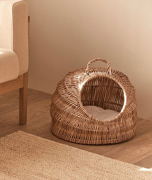 Indoor Cat Bed, Natural Wicker Cat House Basket with Washable Cushion for Indoor Cats and Dogs