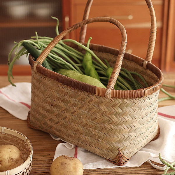 Storage Basket with Handle, Large Kitchen Storage Baskets, Natural Hand-woven Bamboo Storage Basket, Lovely Bamboo Weaving Baskets for Vegetable, Picnic Fruit Storage Baskets-artworkcanvas