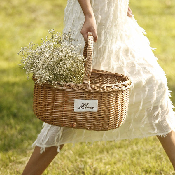 Hand-woven Wicker Storage Basket, Large Picnic Food Basket with Handle, Willow Weaving Baskets for Vegetable, Natural Fruit Basket, Kitchen Storage Baskets