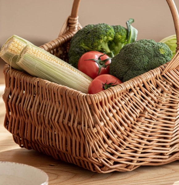 Large Picnic Food Basket with Handle, Natural Hand-woven Wicker Storage Basket, Lovely Willow Weaving Baskets for Vegetable, Natural Fruit Basket, Kitchen Storage Baskets-artworkcanvas