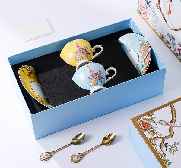 Beautiful Bird Pattern Tea Cups, 8 oz Porcelain Tea Cup Saucer Set of 2 Cups, Elegant Oriental Pheasant Ceramic Cup and Saucer in Gift Box-artworkcanvas