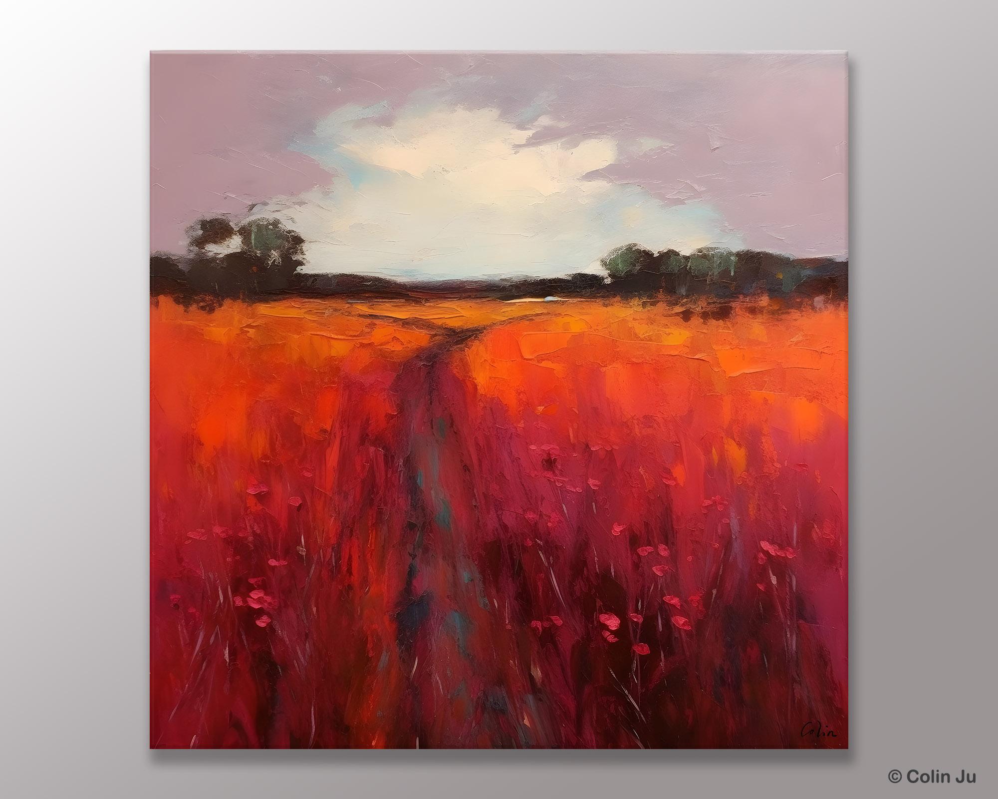 Landscape Canvas Paintings, Acrylic Abstract Art on Canvas, Red Poppy Flower Field Painting, Landscape Acrylic Painting, Living Room Wall Art Paintings-artworkcanvas