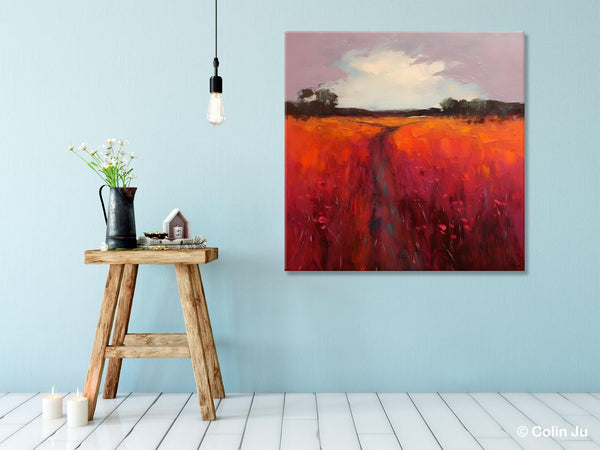 Landscape Canvas Paintings, Acrylic Abstract Art on Canvas, Red Poppy Flower Field Painting, Landscape Acrylic Painting, Living Room Wall Art Paintings-artworkcanvas