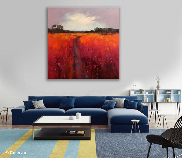 Landscape Canvas Paintings, Acrylic Abstract Art on Canvas, Red Poppy Flower Field Painting, Landscape Acrylic Painting, Living Room Wall Art Paintings-artworkcanvas