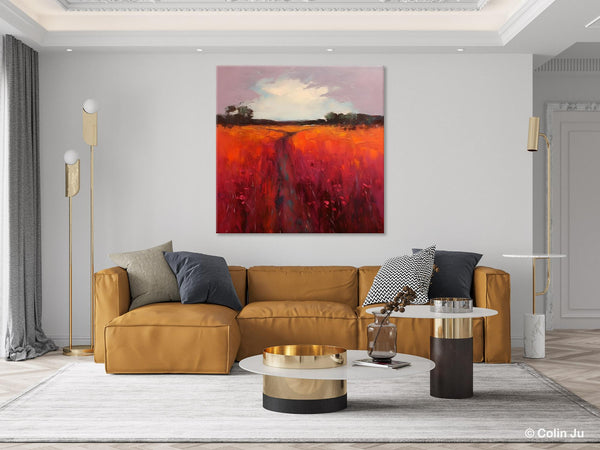 Landscape Canvas Paintings, Acrylic Abstract Art on Canvas, Red Poppy Flower Field Painting, Landscape Acrylic Painting, Living Room Wall Art Paintings-artworkcanvas