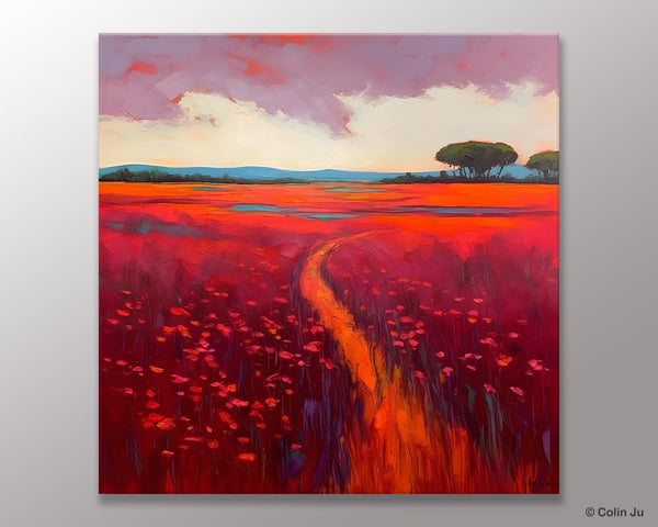 Original Hand Painted Wall Art, Landscape Paintings for Living Room, Abstract Canvas Painting, Abstract Landscape Art, Red Poppy Field Painting-artworkcanvas