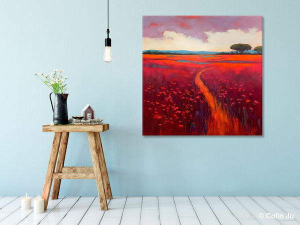 Original Hand Painted Wall Art, Landscape Paintings for Living Room, Abstract Canvas Painting, Abstract Landscape Art, Red Poppy Field Painting-artworkcanvas