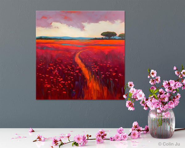 Original Hand Painted Wall Art, Landscape Paintings for Living Room, Abstract Canvas Painting, Abstract Landscape Art, Red Poppy Field Painting-artworkcanvas