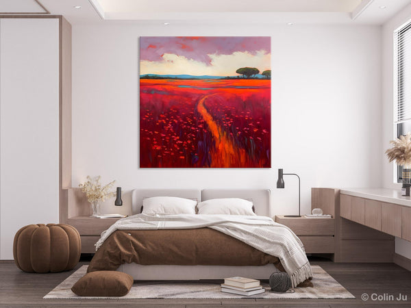 Original Hand Painted Wall Art, Landscape Paintings for Living Room, Abstract Canvas Painting, Abstract Landscape Art, Red Poppy Field Painting-artworkcanvas