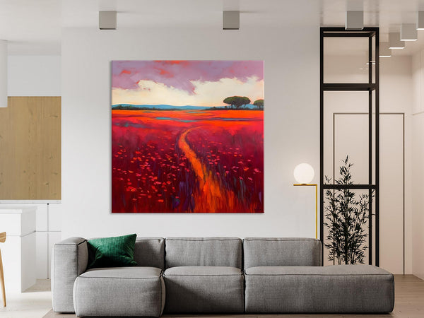Original Hand Painted Wall Art, Landscape Paintings for Living Room, Abstract Canvas Painting, Abstract Landscape Art, Red Poppy Field Painting-artworkcanvas