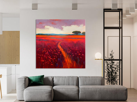 Original Hand Painted Wall Art, Landscape Paintings for Living Room, Abstract Canvas Painting, Abstract Landscape Art, Red Poppy Field Painting-artworkcanvas