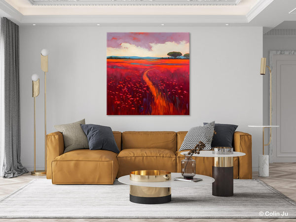 Original Hand Painted Wall Art, Landscape Paintings for Living Room, Abstract Canvas Painting, Abstract Landscape Art, Red Poppy Field Painting-artworkcanvas