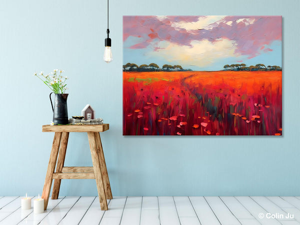 Acrylic Abstract Art, Landscape Canvas Paintings, Red Poppy Flower Field Painting, Landscape Acrylic Painting, Living Room Wall Art Paintings