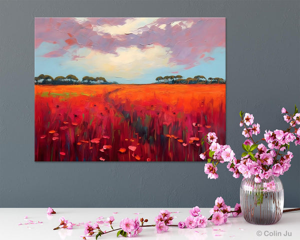 Acrylic Abstract Art, Landscape Canvas Paintings, Red Poppy Flower Field Painting, Landscape Acrylic Painting, Living Room Wall Art Paintings