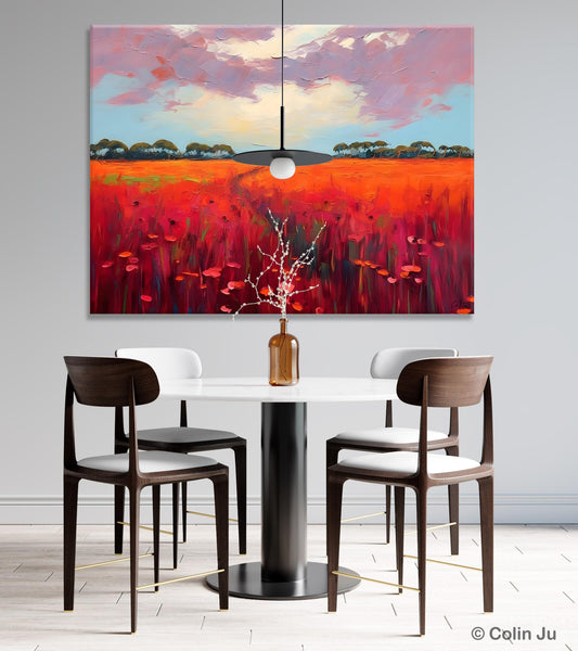 Acrylic Abstract Art, Landscape Canvas Paintings, Red Poppy Flower Field Painting, Landscape Acrylic Painting, Living Room Wall Art Paintings