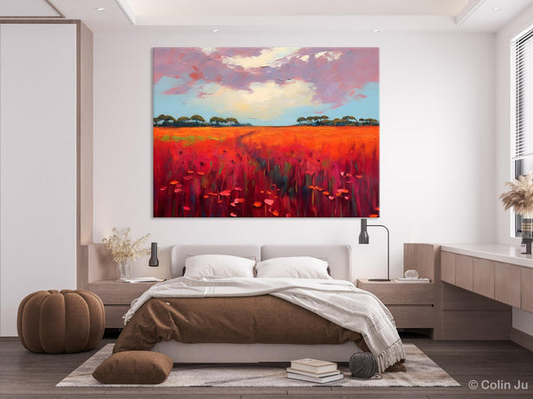 Acrylic Abstract Art, Landscape Canvas Paintings, Red Poppy Flower Field Painting, Landscape Acrylic Painting, Living Room Wall Art Paintings