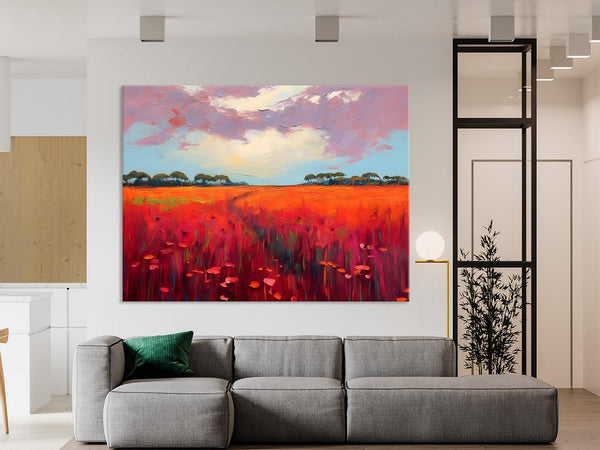 Acrylic Abstract Art, Landscape Canvas Paintings, Red Poppy Flower Field Painting, Landscape Acrylic Painting, Living Room Wall Art Paintings