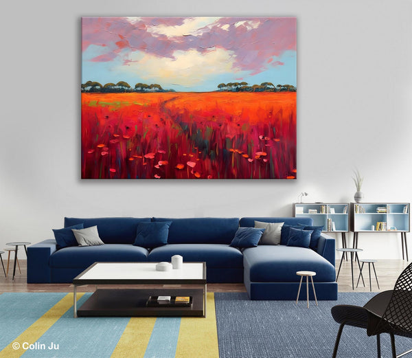 Acrylic Abstract Art, Landscape Canvas Paintings, Red Poppy Flower Field Painting, Landscape Acrylic Painting, Living Room Wall Art Paintings