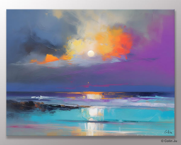 Landscape Painting on Canvas, Hand Painted Canvas Art, Moon Rising from Sea, Contemporary Wall Art Paintings, Extra Large Original Art-artworkcanvas