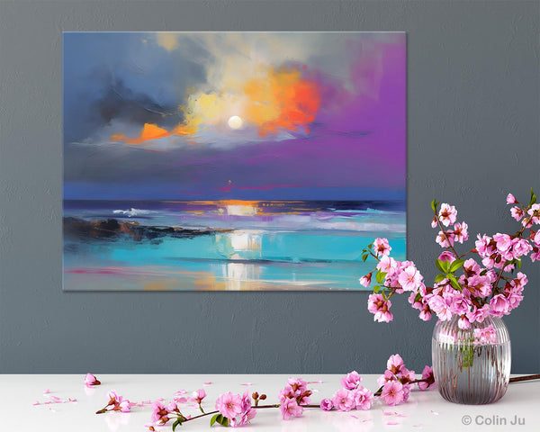 Landscape Painting on Canvas, Hand Painted Canvas Art, Moon Rising from Sea, Contemporary Wall Art Paintings, Extra Large Original Art-artworkcanvas