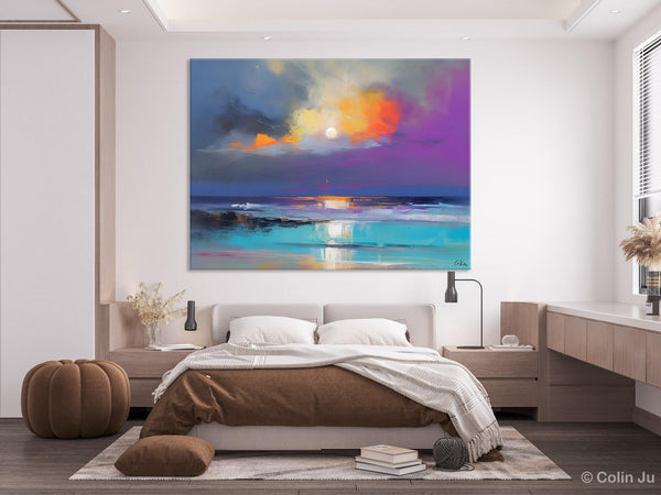 Landscape Painting on Canvas, Hand Painted Canvas Art, Moon Rising from Sea, Contemporary Wall Art Paintings, Extra Large Original Art
