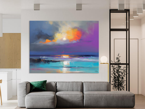 Landscape Painting on Canvas, Hand Painted Canvas Art, Moon Rising from Sea, Contemporary Wall Art Paintings, Extra Large Original Art-artworkcanvas