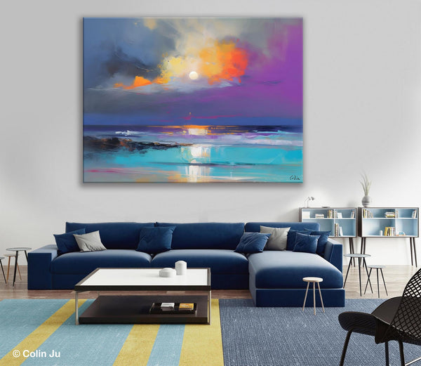 Landscape Painting on Canvas, Hand Painted Canvas Art, Moon Rising from Sea, Contemporary Wall Art Paintings, Extra Large Original Art-artworkcanvas