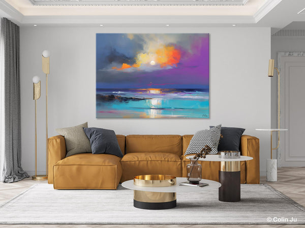 Landscape Painting on Canvas, Hand Painted Canvas Art, Moon Rising from Sea, Contemporary Wall Art Paintings, Extra Large Original Art