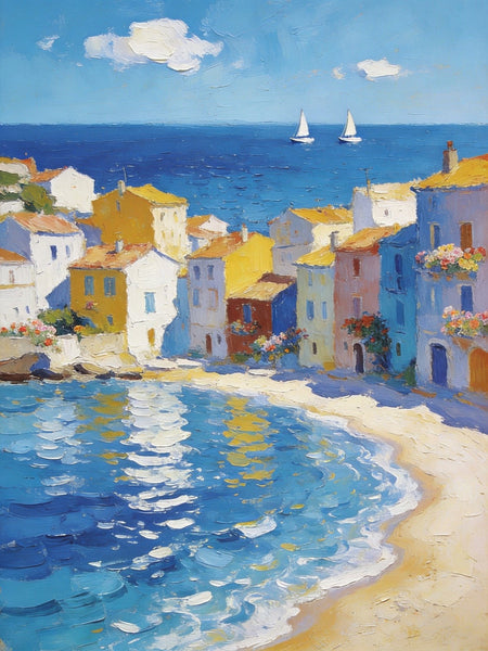 Landscape Paintings for Bedroom, Seaside Hamlet Picturesque View, Hand Painted Canvas Art, Small Oil Paintings, Palette Knife Artwork, Original Canvas Paintings-artworkcanvas