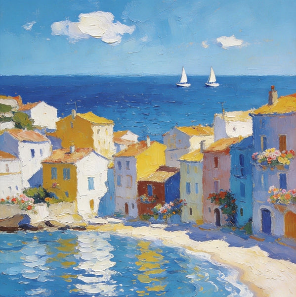 Landscape Paintings for Bedroom, Seaside Hamlet Picturesque View, Hand Painted Canvas Art, Small Oil Paintings, Palette Knife Artwork, Original Canvas Paintings-artworkcanvas