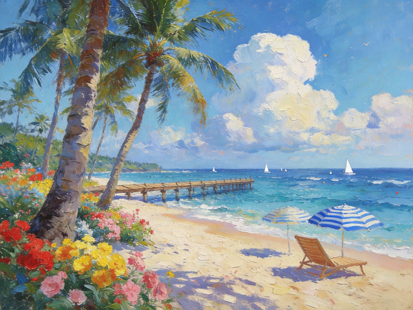 Canvas Paintings for Living Room, Beach with Palm Perfection, Hand Painted Canvas Art, Small Oil Paintings, Small Wall Art Paintings, Original Landscape Paintings-artworkcanvas