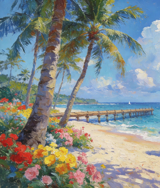 Canvas Paintings for Living Room, Beach with Palm Perfection, Hand Painted Canvas Art, Small Oil Paintings, Small Wall Art Paintings, Original Landscape Paintings-artworkcanvas