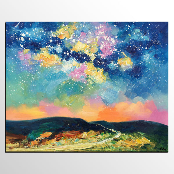 Abstract Landscape Painting, Starry Night Sky Painting, Heavy Texture Painting, Custom Canvas Painting for Sale, Large Painting for Bedroom