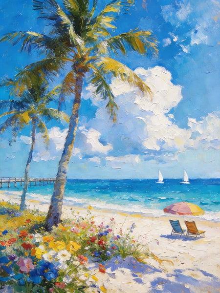 Hand Painted Canvas Wall Art, Tropical Beach Tranquility, Palm Trees Seashore Paintings, Original Oil Paintings, Small Canvas Paintings, Heavy Texture Artwork, Small Canvas Paintings-artworkcanvas