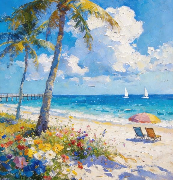 Hand Painted Canvas Wall Art, Tropical Beach Tranquility, Palm Trees Seashore Paintings, Original Oil Paintings, Small Canvas Paintings, Heavy Texture Artwork, Small Canvas Paintings-artworkcanvas