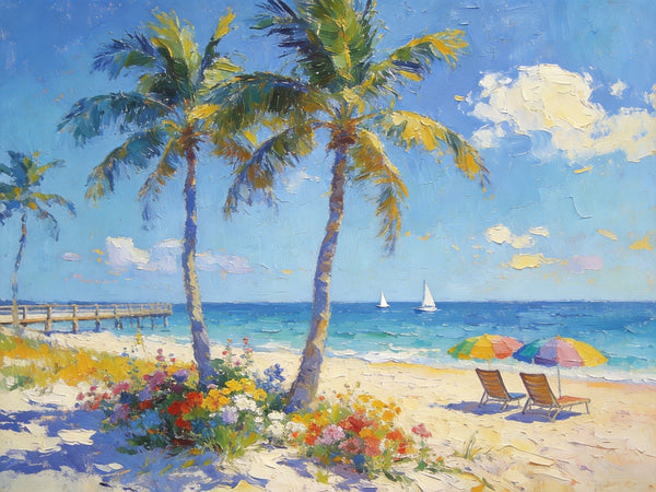 Summer Resort, Seaside Tranquility, Seashore Palm Tree Painting, Landscape Canvas Paintings, Hand Painted Canvas Art, Small Oil Paintings, Small Wall Art Paintings, Original Canvas Paintings-artworkcanvas