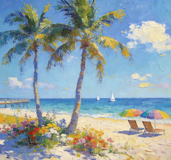 Summer Resort, Seaside Tranquility, Seashore Palm Tree Painting, Landscape Canvas Paintings, Hand Painted Canvas Art, Small Oil Paintings, Small Wall Art Paintings, Original Canvas Paintings-artworkcanvas