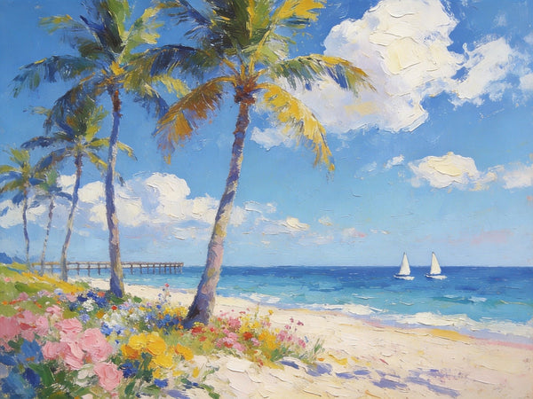 Landscape Paintings on Canvas, Beach Paradise with Palm Trees, Seashore Beach Paintings, Buy Paintings Online, Palette Knife Oil Paintings, Hand Painted Canvas Art, Original Oil Paintings-artworkcanvas