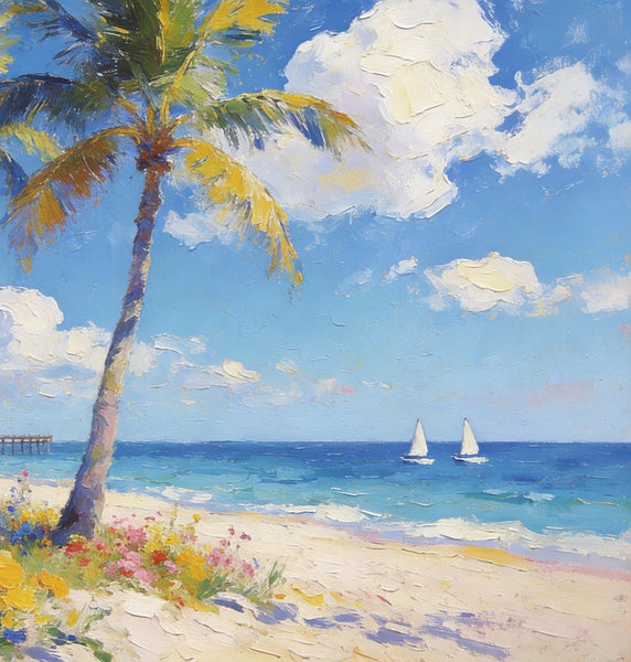 Landscape Paintings on Canvas, Beach Paradise with Palm Trees, Seashore Beach Paintings, Buy Paintings Online, Palette Knife Oil Paintings, Hand Painted Canvas Art, Original Oil Paintings-artworkcanvas