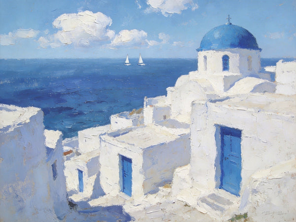 Palette Knife Oil Paintings, Aegean's Azure Allure, Seashore Beach Paintings, Landscape Canvas Paintings, Small Landscape Paintings on Canvas, Hand Painted Canvas Art, Original Oil Paintings-artworkcanvas