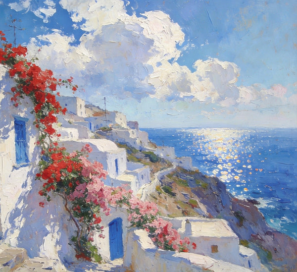 Small Original Oil Paintings, Coastal Charm of the Aegean, Hand Painted Canvas Art, Landscape Wall Art Paintings, Landscape Paintings for Living Room-artworkcanvas