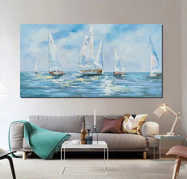 Sail Boat Acrylic Paintings on Canvas, Hand Painted Wall Art Paintings, Contemporary Canvas Artwork, Abstract Wall Art Paintings, Modern Art Paintings for Dining Room-artworkcanvas