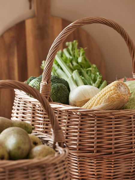 Large Picnic Food Basket with Handle, Natural Hand-woven Wicker Storage Basket, Willow Weaving Baskets for Vegetable, Natural Fruit Basket, Kitchen Storage Baskets-artworkcanvas