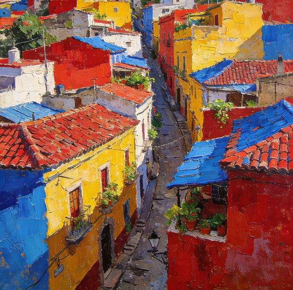 Original Wall Art Paintings, Guanajuato's Vibrant Hilltop Village, Hand Painted Canvas Wall Art, Heavy Texture Artwork, Small Oil Paintings-artworkcanvas